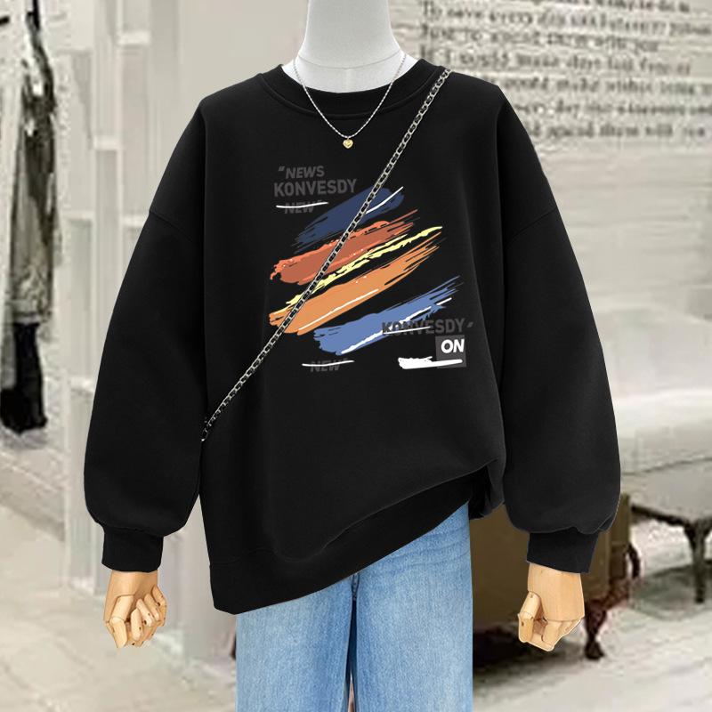 Fashion printing round neck velvet thickened pullover 2025 autumn and winter new popular foreign style age-reducing sweater women