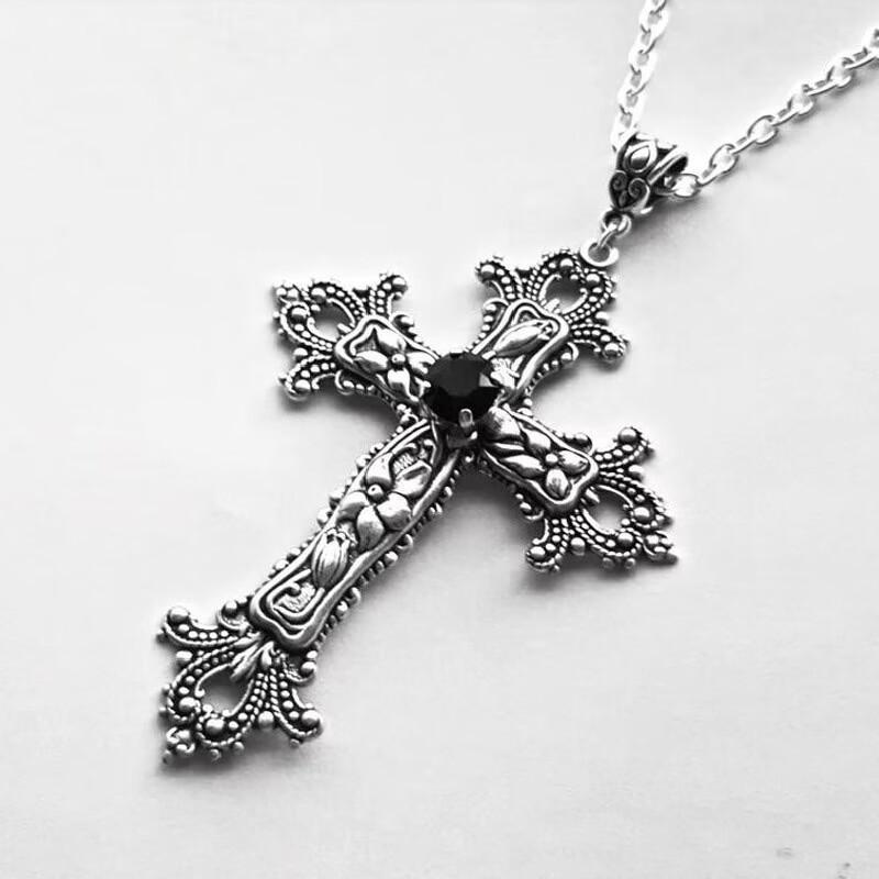 Gothic Cross Pendant Necklace With Flower Pattern Alloy Chain Jewelry For Party Wear