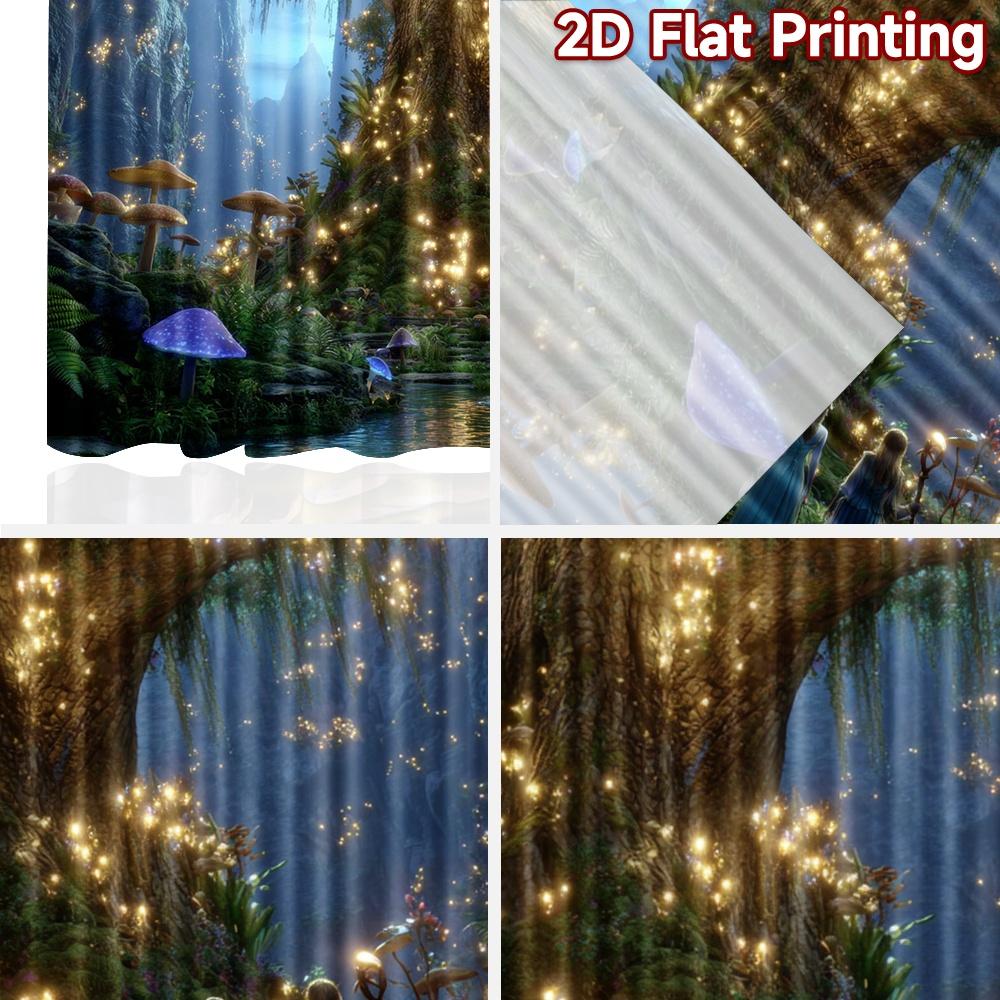 2D flat printing 2pcs Curtain Enchanted Forest Fantasy Creatures River Digital Printed Polyester Drapes Birthday Party Perfect