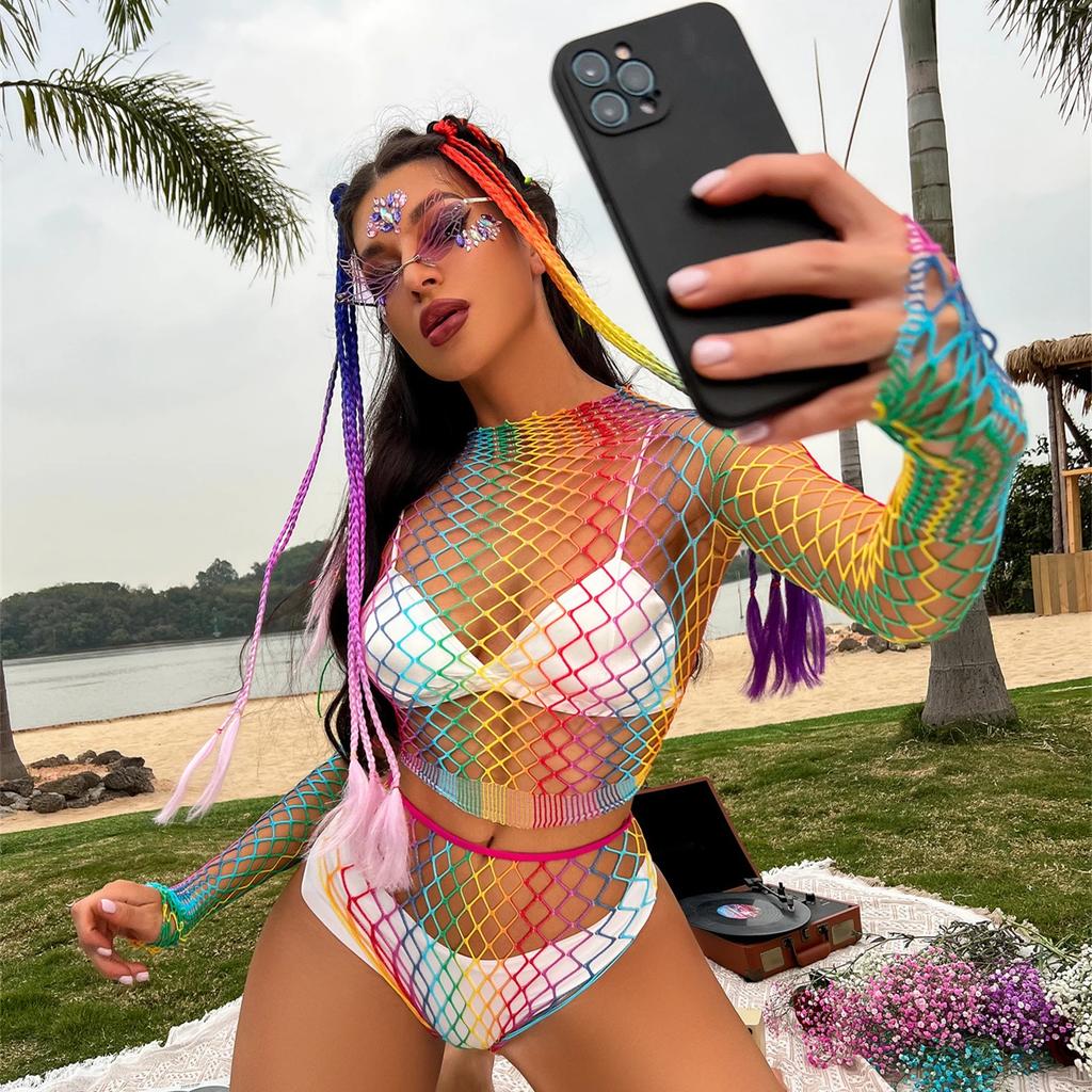Sexy Rainbow Bodysuits Costume Erotic Fishnet Transparent Seductive Underwear Ladies Mesh Hollow See Through Bodycon Clothes