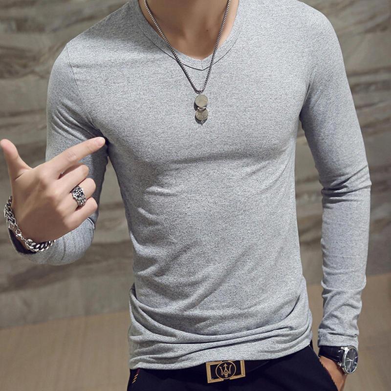Men's Fashion Casual Slim Fit Long Sleeve T-Shirts Lightweight Solid Color O/V Neck Cotton T-Shirts Blouse