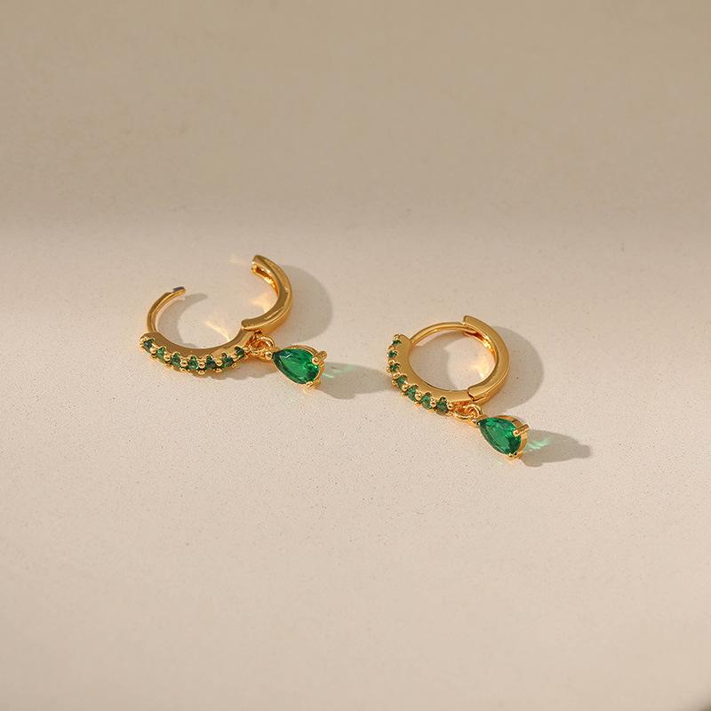 Gold Plated Green CZ Hoop Earrings With Teardrop Charm