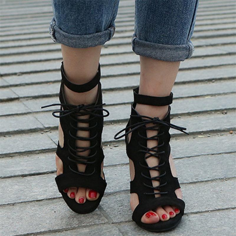 Open Toe Womens Lace Up Ankle Sandal Boots High Chunky Heel Roman Shoes