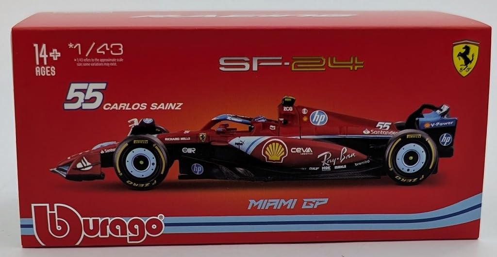 Kyosho BURAGO Ferrari Miami GP 2024 55 Sainz Driver Clear Fully Assembled Model 1/43 SF-24 No. C. Jr. Included, Case, (18-36843SMIA)