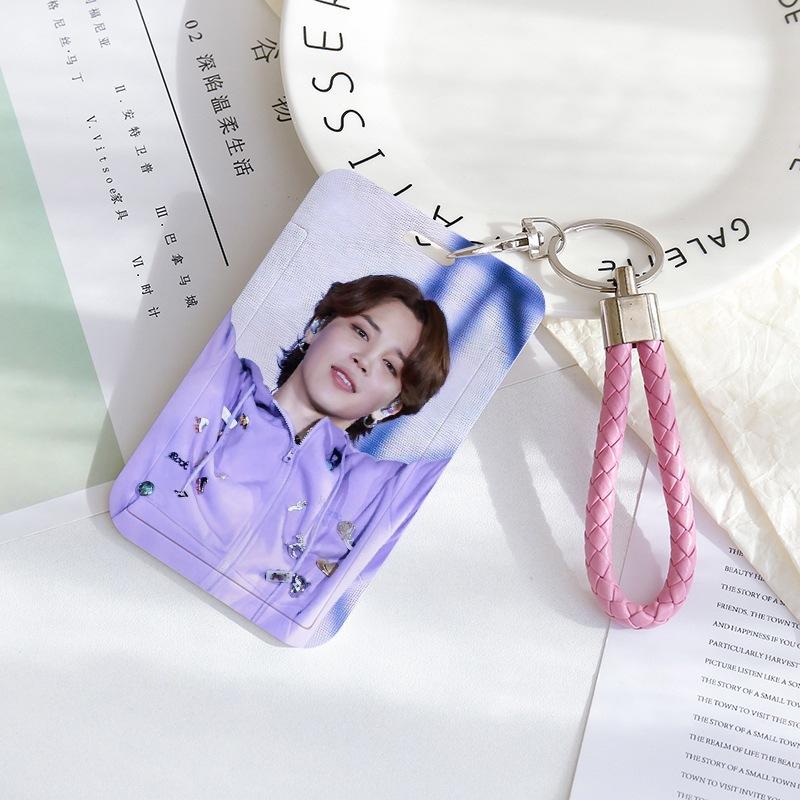 BTS Sliding Photocard Holder, Protective ID Badge Card Case with Braided Keychain Strap, Student Campus Bus Meal Card Protector Merch for ARMY