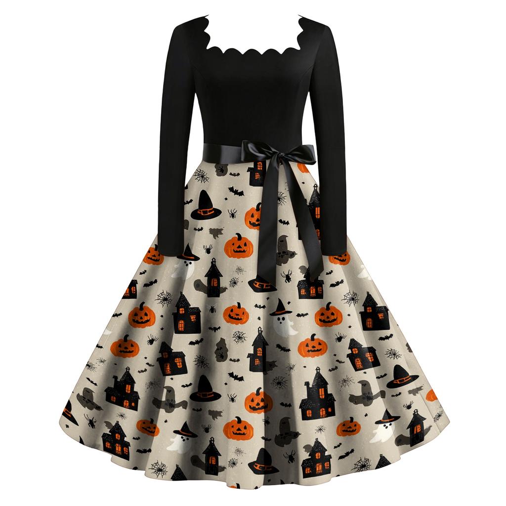 Women's Vintage Long Sleeve Square Neck Party Dress Halloween Printed Full Skirt Midi Dress with Waist Tie Belt Retro Style