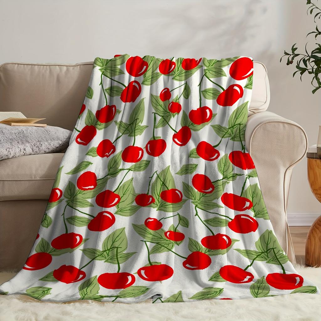 1 piece fresh cherry theme pattern blanket, polyester fabric, machine washable, suitable for bedroom living room decoration