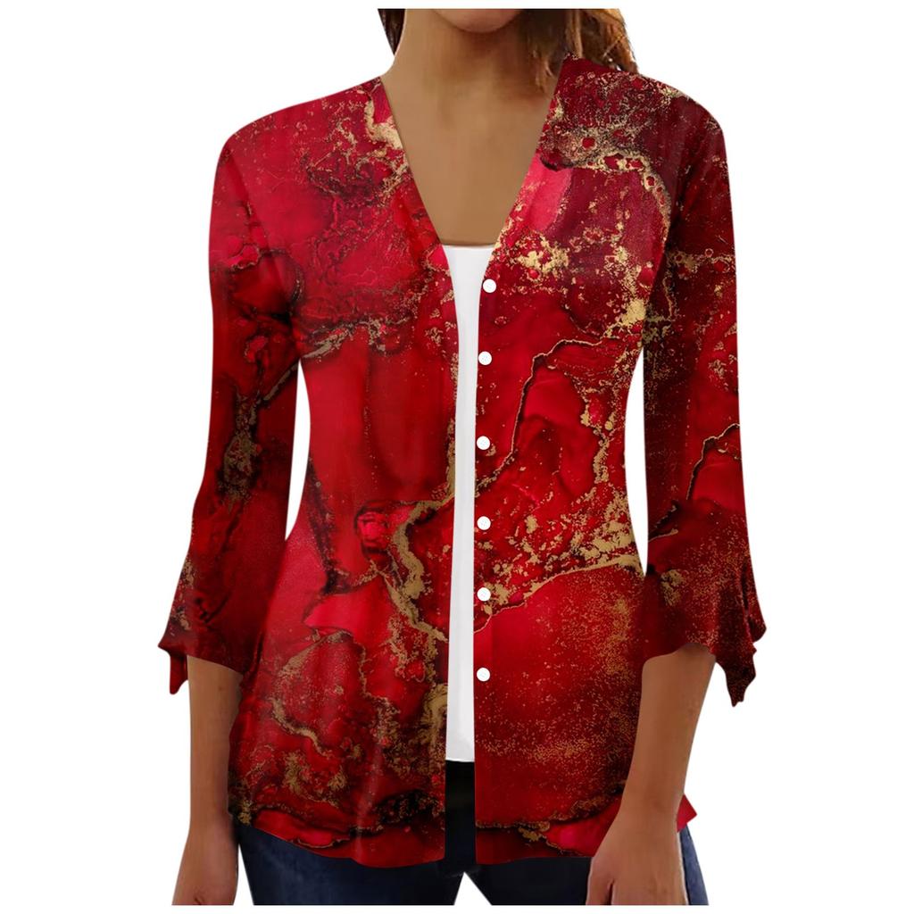 Women's Loose Casual Printed Three Quarter Sleeve Flared Sleeve Button Cardigan Jacket
