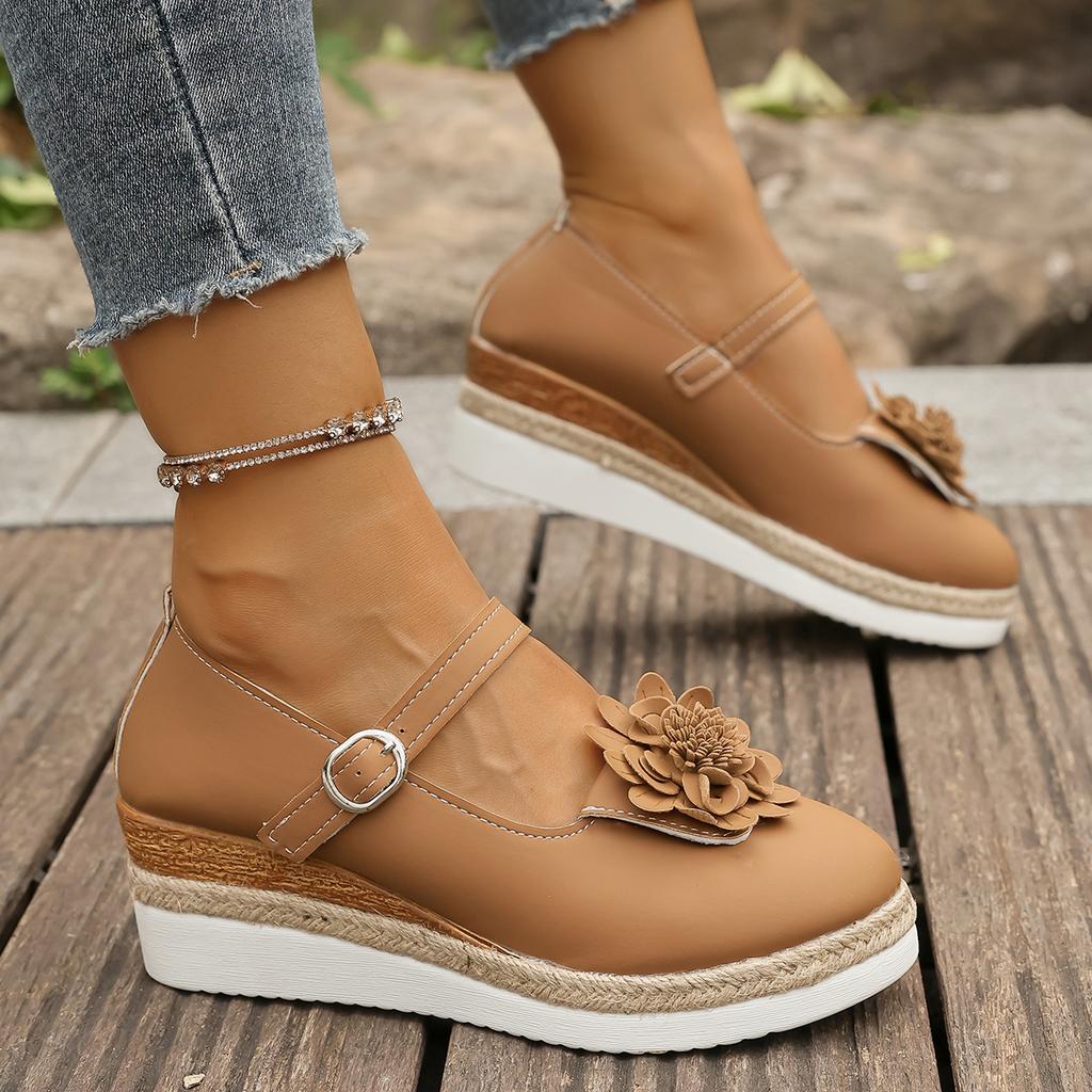 Plus Size Shoes for Women Autumn 2025 Fashion Platform Wedges Buckle Strap Flats Shoes Zapatos De Mujer with Flower Footwear