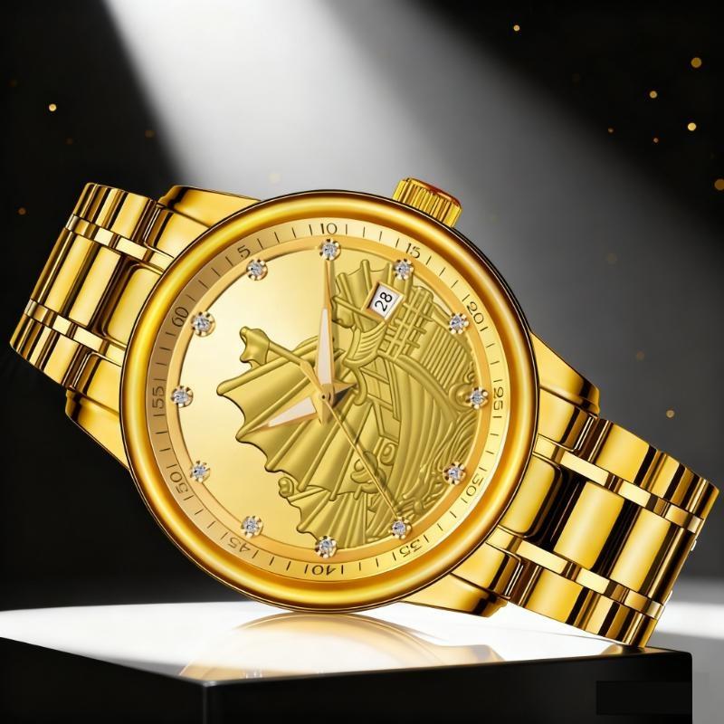 Men Automatic Mechanical Wristwatch Luxury 3D Ship with Diamond Golden Dragon Watch
