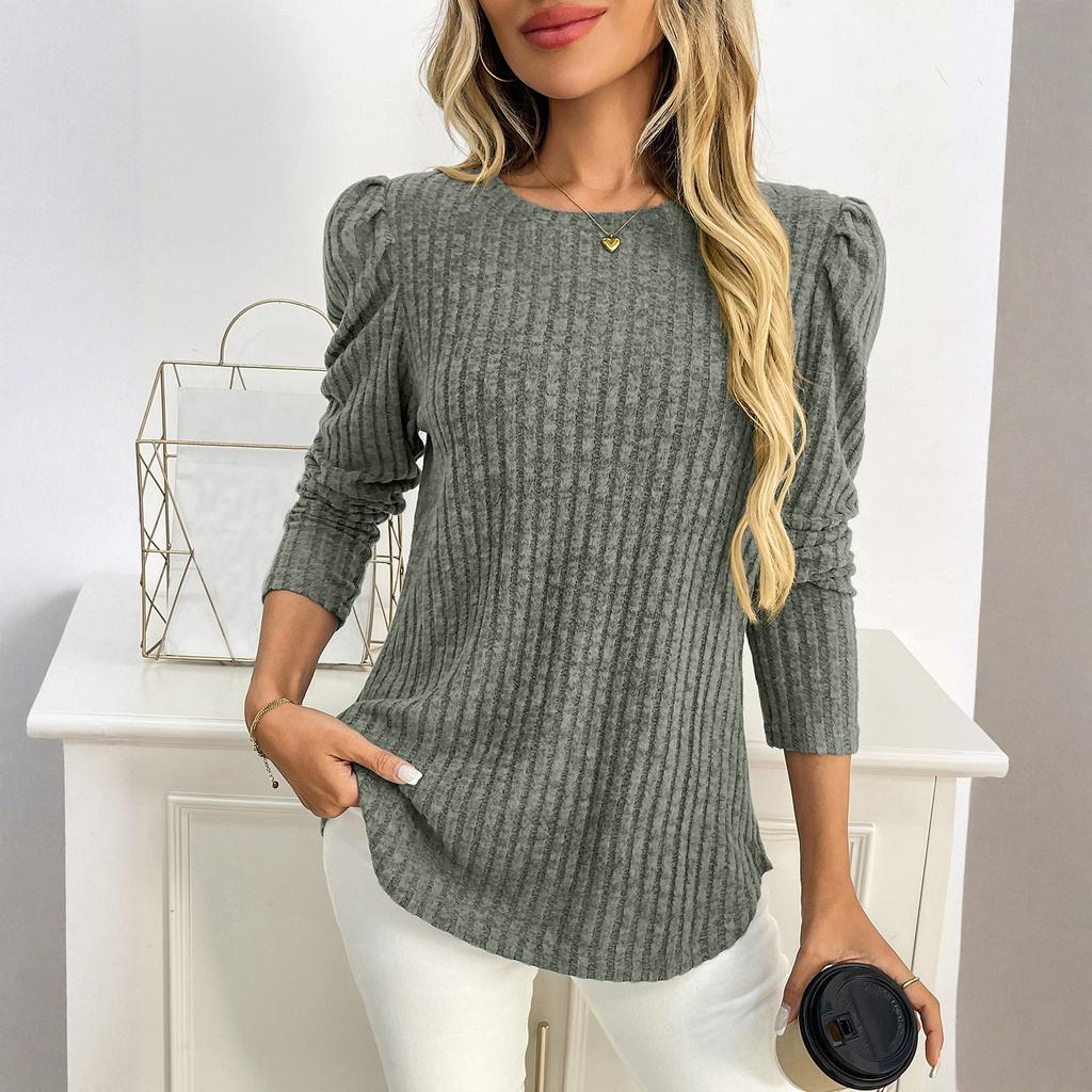 Women's Fashionable Solid Color Long Sleeved Round Neck Loose Casual Pullover T-shirt Top
