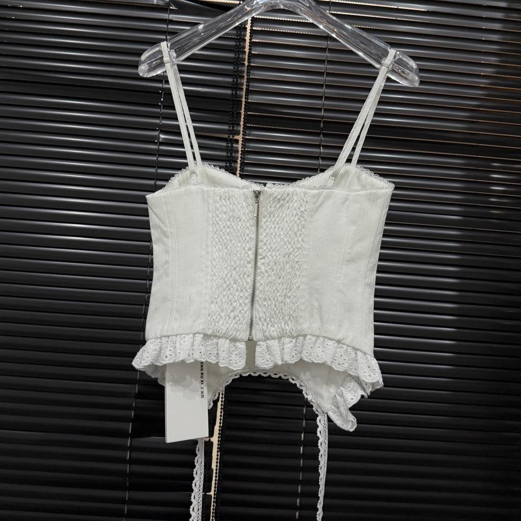 European Station Summer Women's Clothing American Spice Girl Design Waist Embroidery Suspender Lace Splicing Top European Goods