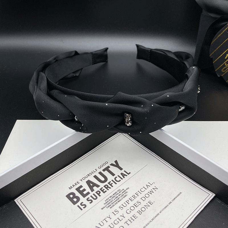Schwarzes Satin Strass Kronen Stirnband: Damen Original Vielseitiges Streetstyle Haaraccessoire