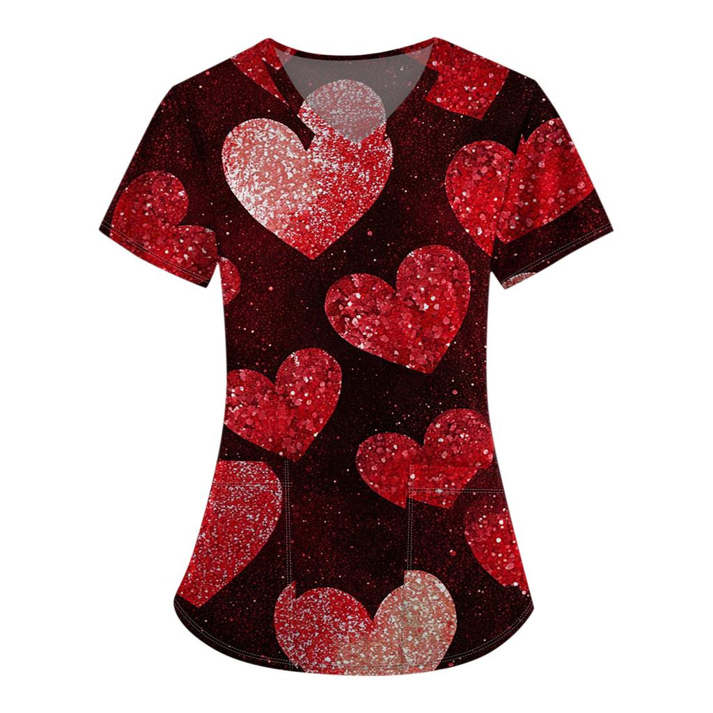 Women's Fashion V-Neck Short Sleeve Overalls With Pocket Valentine's Day Printed Tops  Clothes