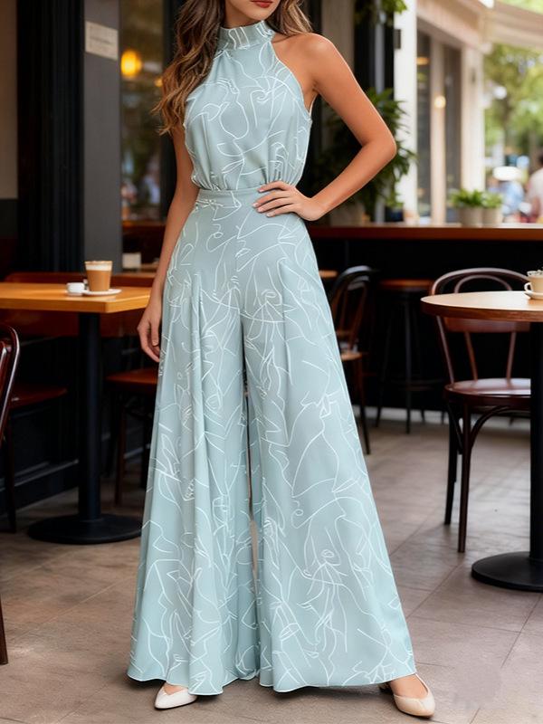 Summer Style Women's Sleeveless Printed Jumpsuit with Tie-Up Wide-Leg Pants