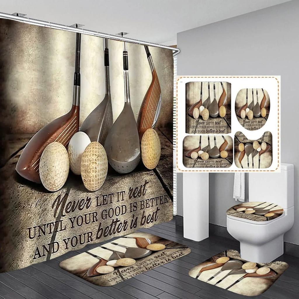Sport Game Fabric Shower Curtain Set Cool Basketball Soccer Volleyball Rugby Baseball Graffiti Sports Theme Bathroom Set Decor