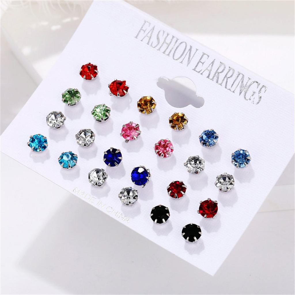 12Pairs/Set Colored Zircon Crystal Stud Earrings For Women Minimalist Geometric Imitation Pearl Round Bead Earring Trend Jewelry