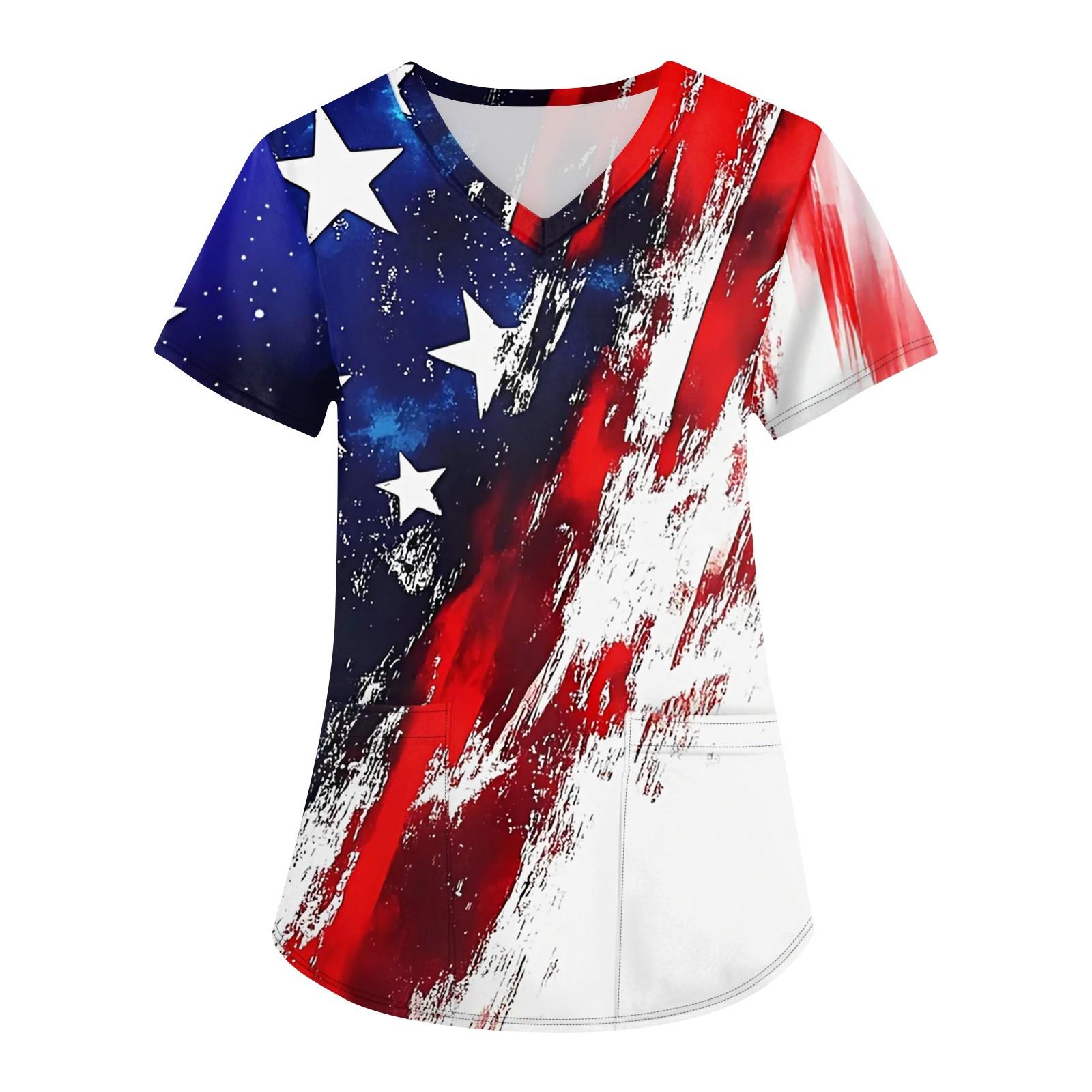 

Women s Fashion V-neck Short Sleeve Workwear With Pockets Independence Day Printed Tops S белый