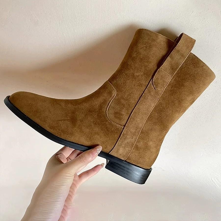 Sheepskin version ~ Korean retro suede round toe thick heel western cowboy boots boots boots women's 2025 new versatile women's boots