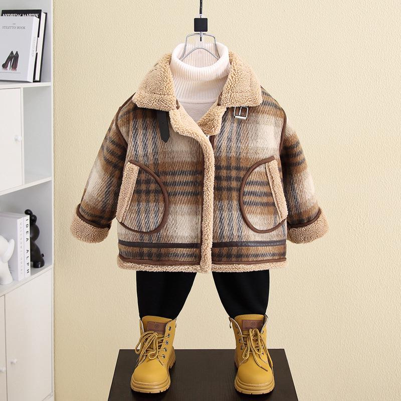 

Шерстяное пальто на флисовой подкладке для мальчиков, 2025: Теплое, Толстое, Короткое Осенне-Зимнее Пальто 120 cm коричневый