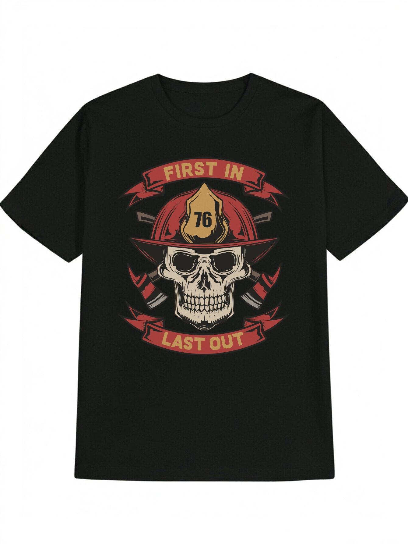 Casual Versatile Round Neck T-shirt with Skull Firefighter Helmet Print S