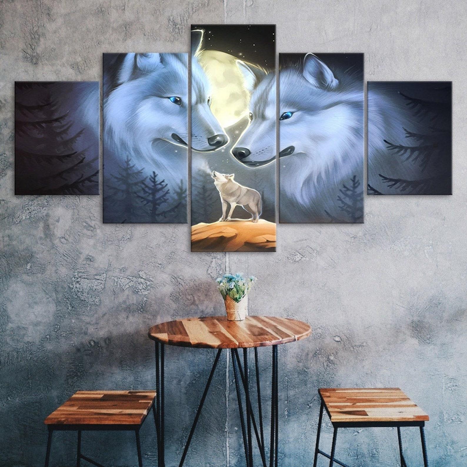 

Wolf Family Full Moon Night 5 Piece Five Panel Wall Canvas Print Modern Poster Pictures Home Decor Gift For Him For Her 20X35 20X45 20X55CM