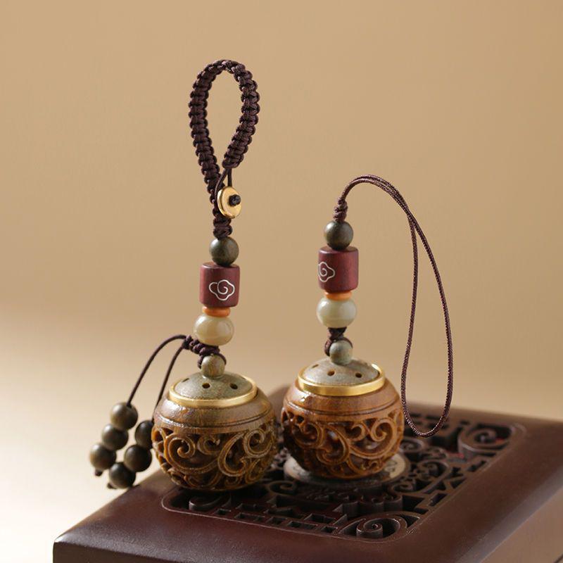 Green Sandalwood Hollow Mobile Phone Chain: Exquisite Aromatherapy Sachet Ball and Tibetan Incense Pendant Keychain in Ancient Style.