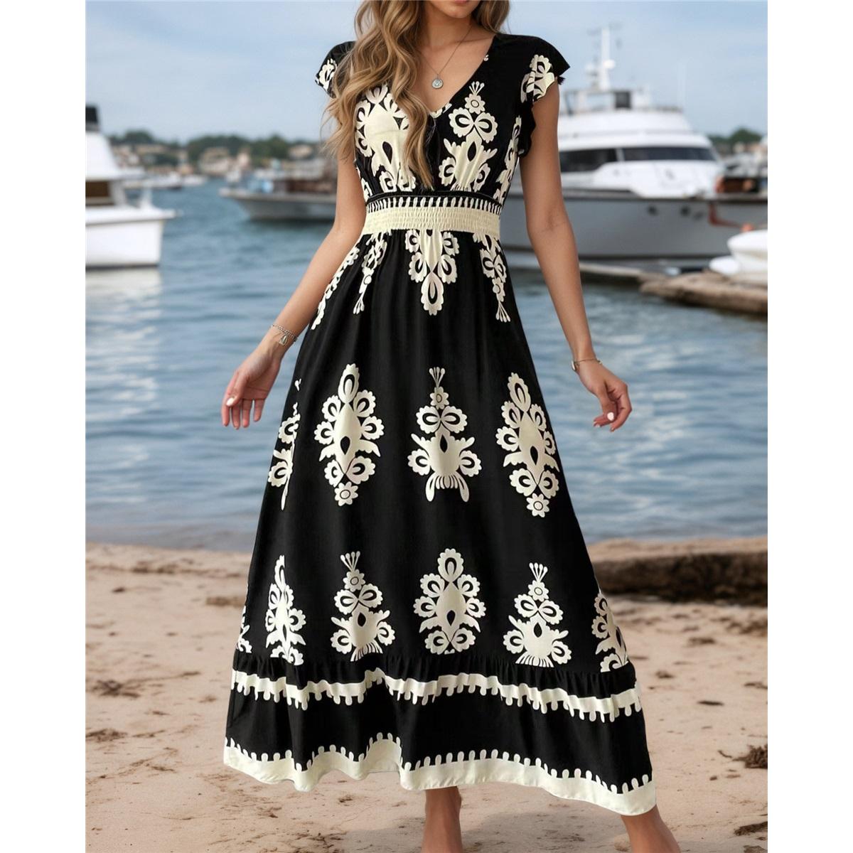 

New Summer Holiday Style Printed V-neck Waist Short-sleeved Dress Holiday Long Dress 2XL чорний