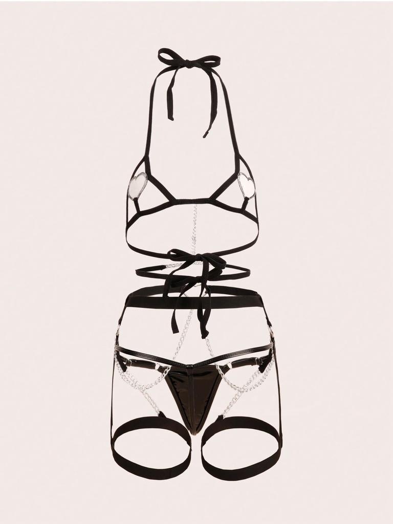 Three Pieces Women's Sexy Lingerie Set, Strappy Chain Body Chain, Bondage Heart-Shaped Sexy Set