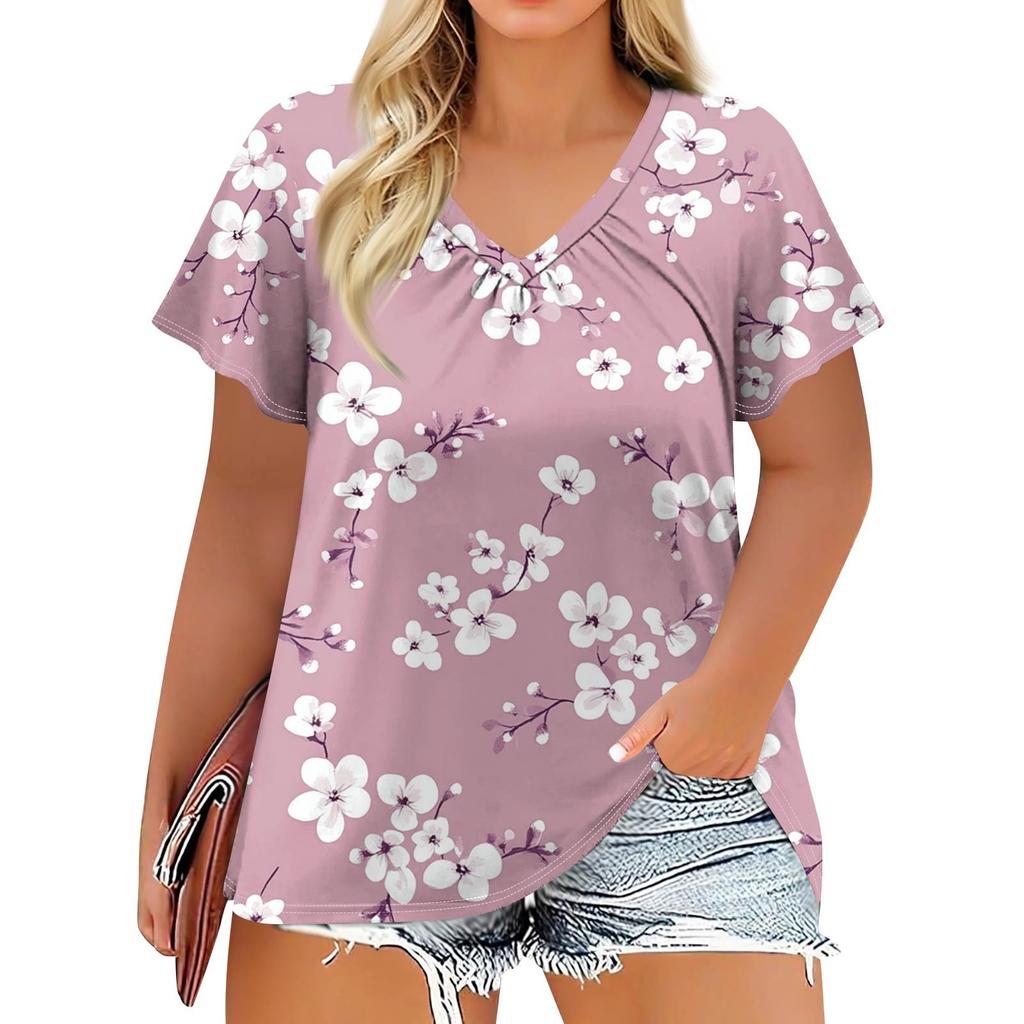 Women's Fashion Casual Printed  V-Neck Short Sleeve Large Size T-Shirt Top