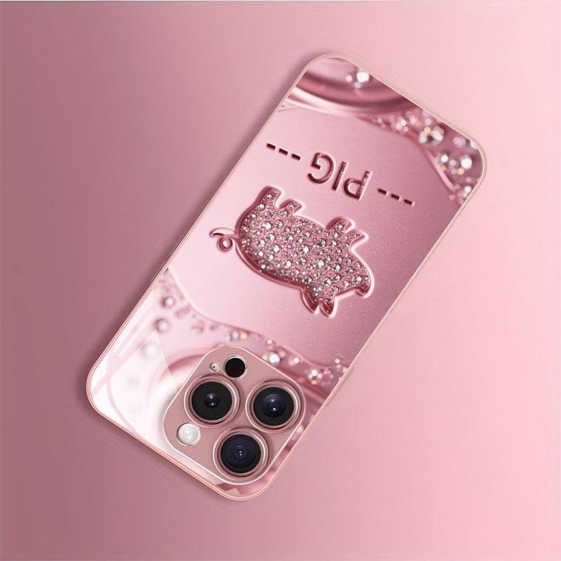 Lucky Pink Pig Pattern Metallic Paint Glass Hard Phone Case For iPhone 17 16 15 Pro Max 14 13 12 11 15 Plus 17 Air 16E Cover