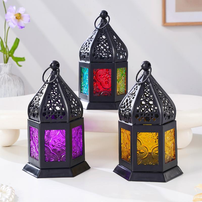 1 Pieza Candelabro Decorativo de Hierro Forjado Retro Europeo de Seis Caras con Vidrio de Color, Candelabro Colgante de Hierro Forjado a Prueba de Viento