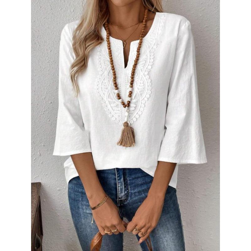 BITCED Women's Fashion Casual Solid Color Print O-Neck Blouses & Shirts