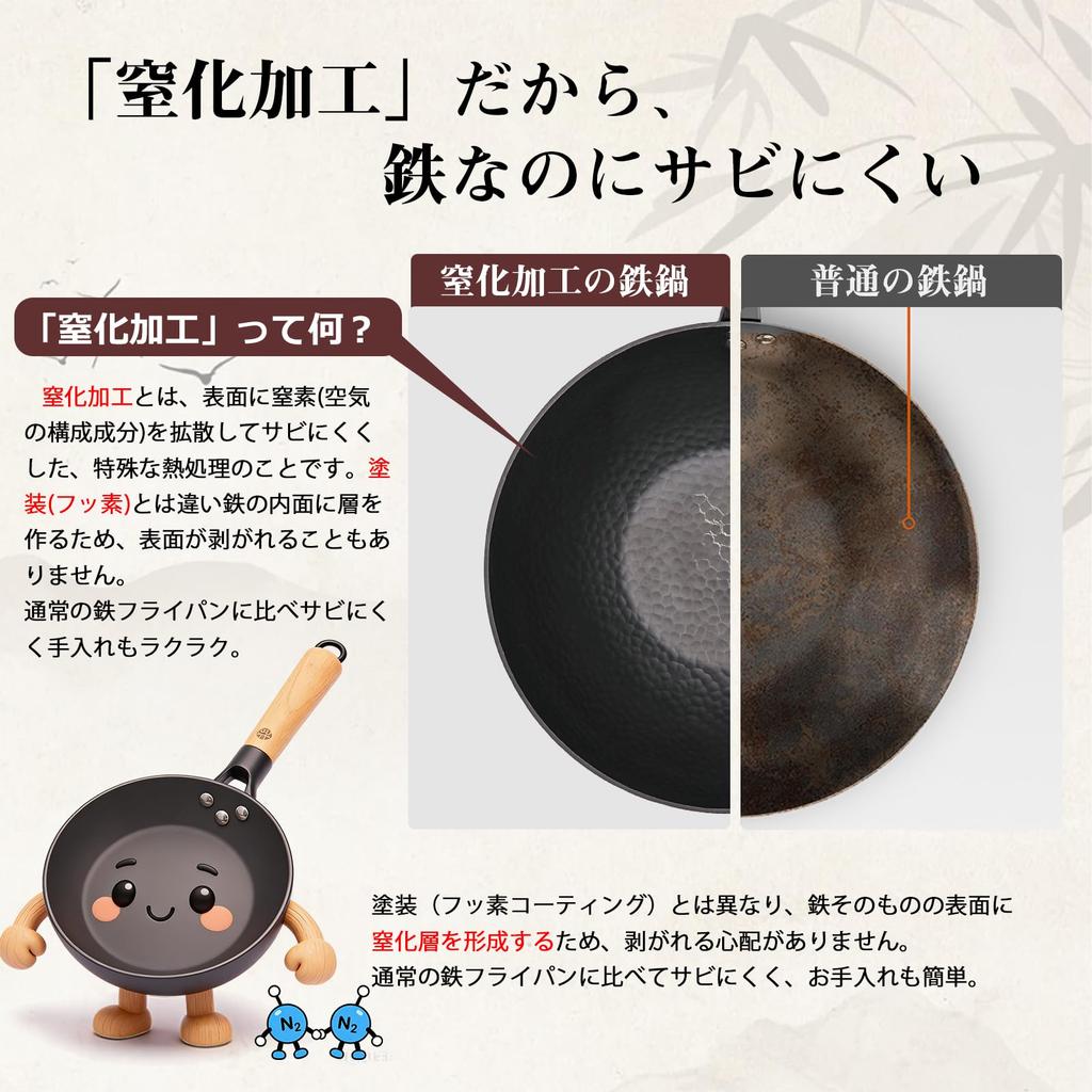 WANGYUANJI Iron Wok, Mini Deep Wok, 22cm, Nitrided Iron, Rust-Resistant, Non-Stick, with Spatula, IH and Gas Compatible, with Lid