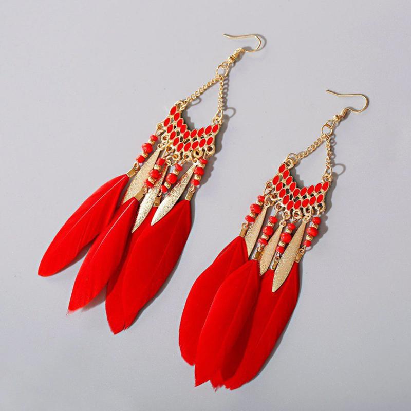 Bohemian Long Sun Flower Feather Earrings for Women Trendy Ethnic Retro Gold Color Chain Tassel Earring Wedding Vacation Jewelry