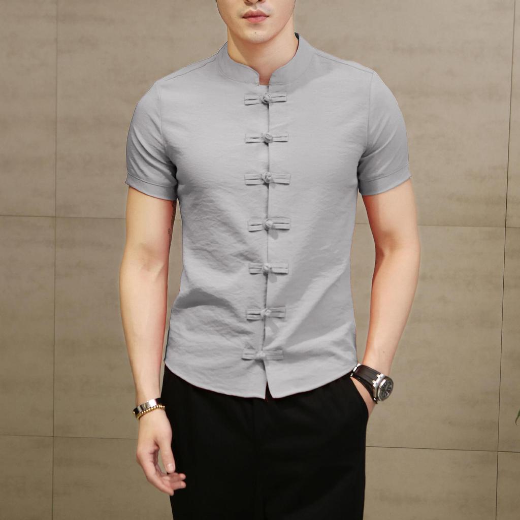 Men's Chinese Style Short Sleeve Tang Suit - Black Zhongshan Slim Fit Shirt