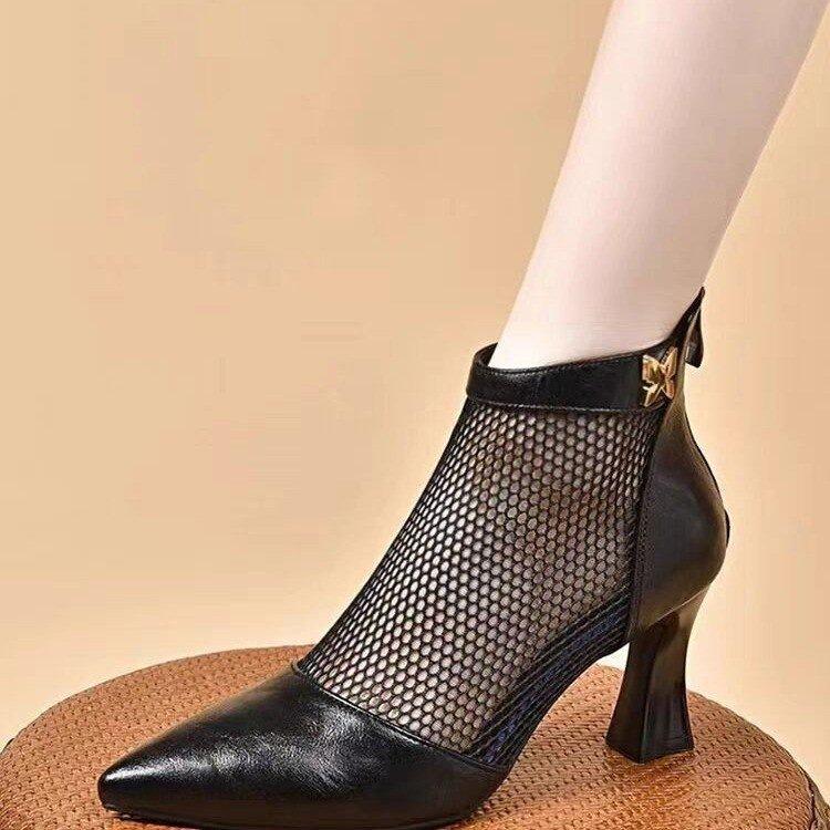 Spring and summer thick heel mesh cool boots new mesh boots pointed breathable hollow middle heel Roman shoes