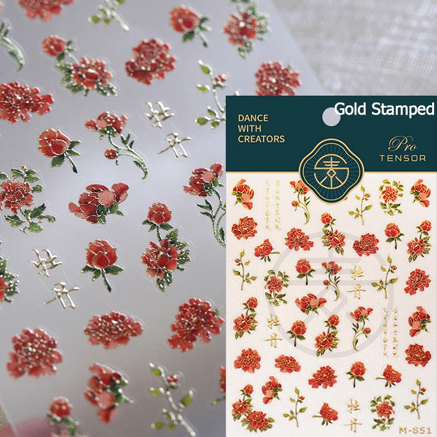 Gold Stamped Blooming Red Peony 3D Self-Adhesive Nail Art Stickers Lily Magnolia Camellia Daisy Rose Manicure Decals