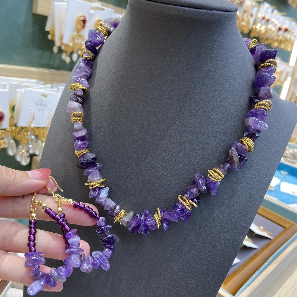 Holiday Wind Natural Irregular Purple Crystal Gravel Necklace Women'S Purple Beaded Ear Hook Set Jewelry Batch