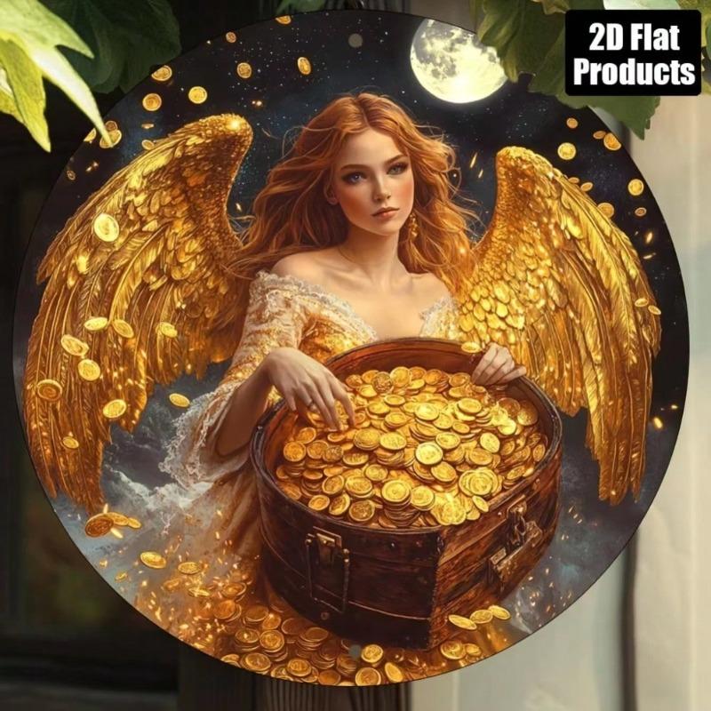Vintage Metal Wall Art Round 8 Inch Golden Coins Angel Wealth God Home Decor Gift