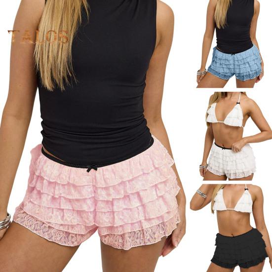Women Summer Shorts Multi-layered Scattered Hem Ruffle Lace Trim Beach Shorts Lolita Style High Waist Ultra-short Shorts Daily Wear Sleep Shorts