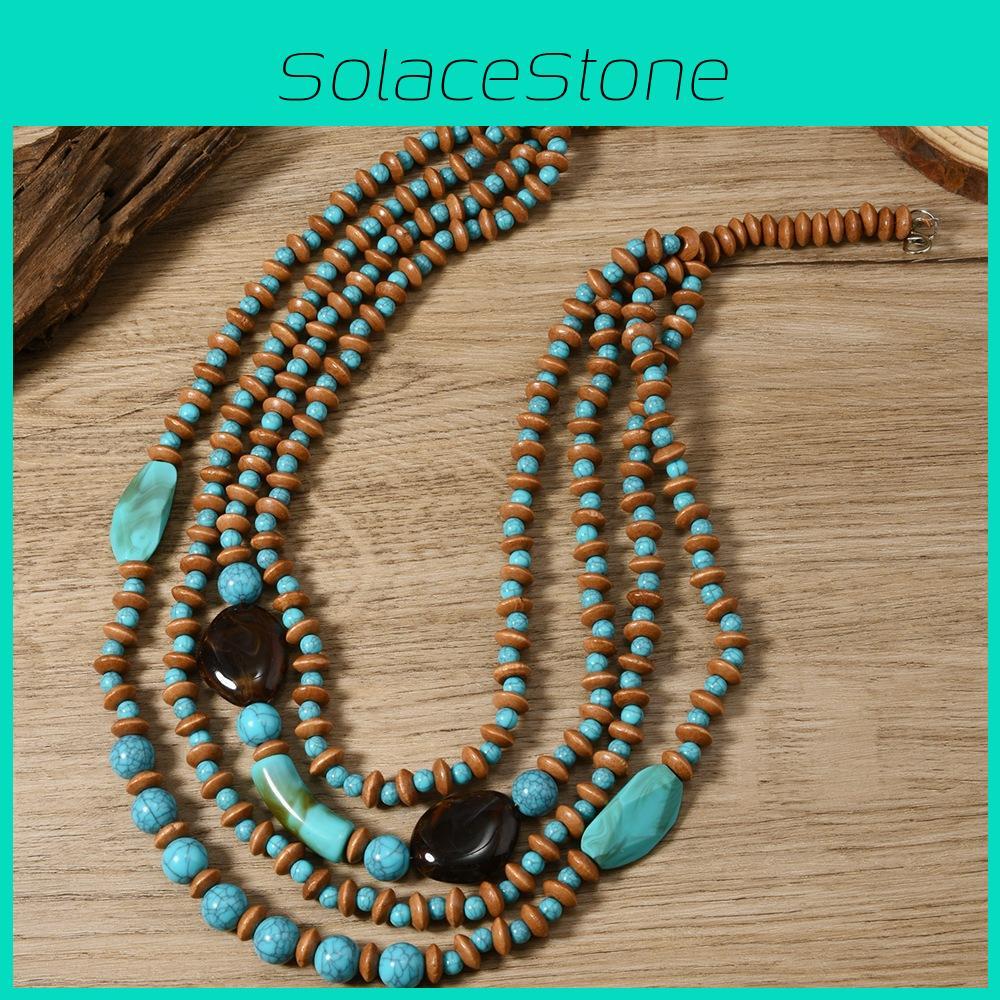 Bohemian Multilayer Art Wooden Pearl Necklace Round Geometric Women Decoration