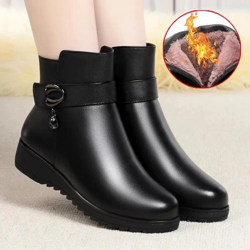 Fashion Black Soft Leather Mum Cotton Shoes Spring/Winter Side Zip Wedges Middle Heel Womens Snow Boots Soft Sole Short Boot