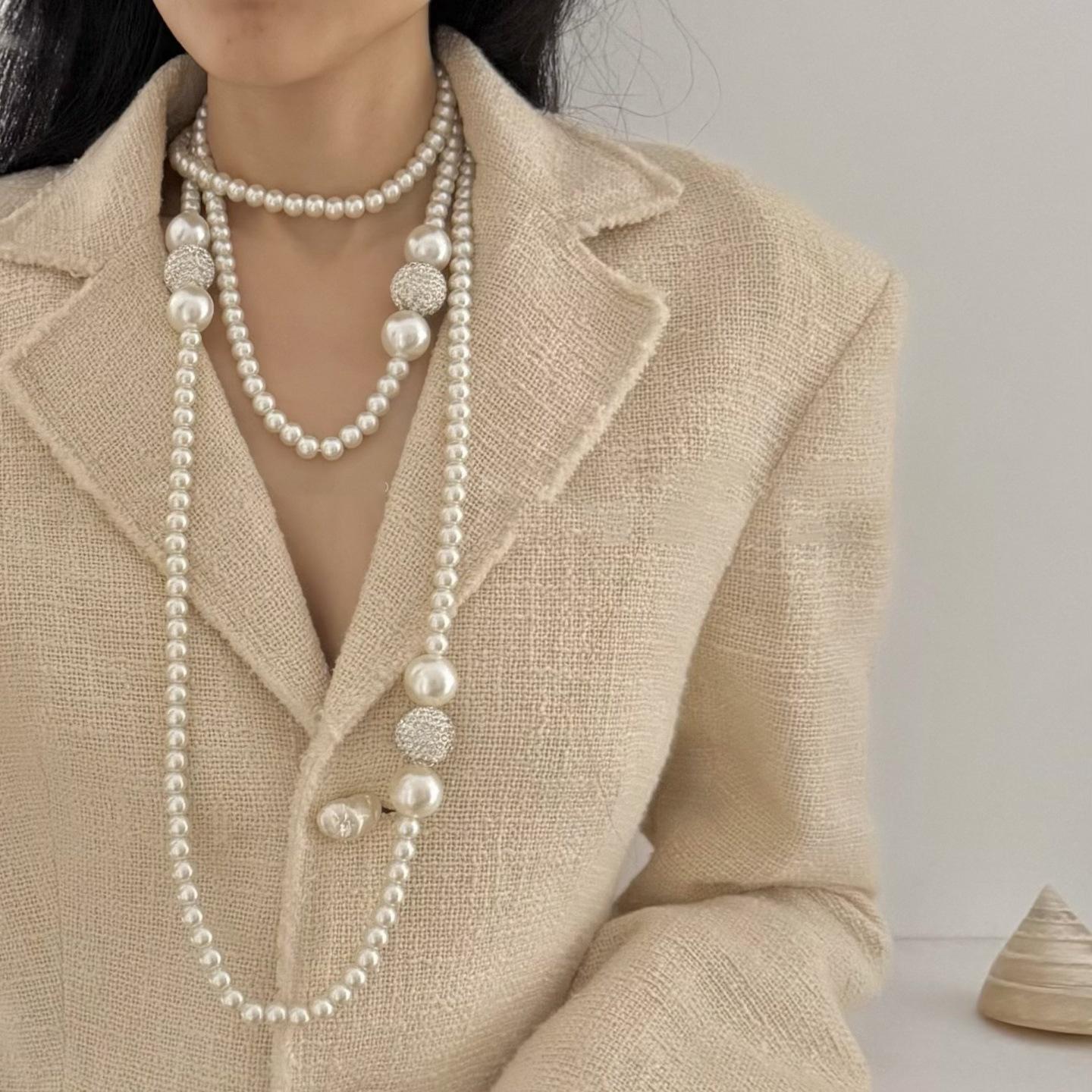 Французский ретро бриллиантовый шарик жемчужное ожерелье нишевая многослойная цепочка для свитера ожерелье украшения женщины