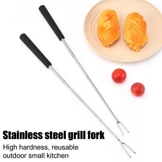 2Pcs Retractable BBQ Fork with V-Shaped Prongs Non-Slip Handle Stainless Steel Grilling Fork Portable Outdoor Cooking Tool for Camping Picnic Party