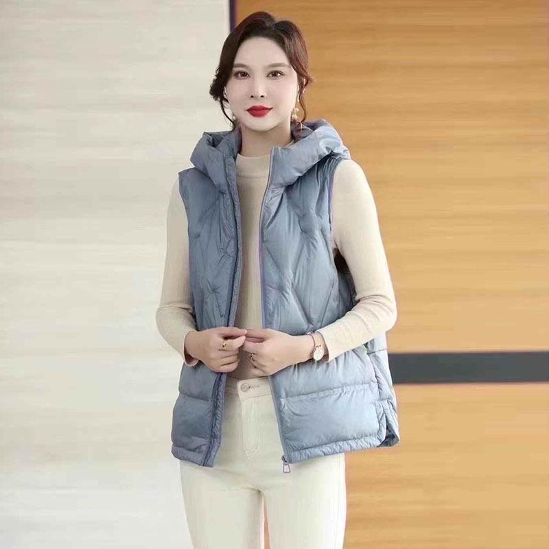 

Легкий стеганый жилет с капюшоном женский 2025 осень-зима без рукавов маленький человек теплый модный верхний жилет M синий