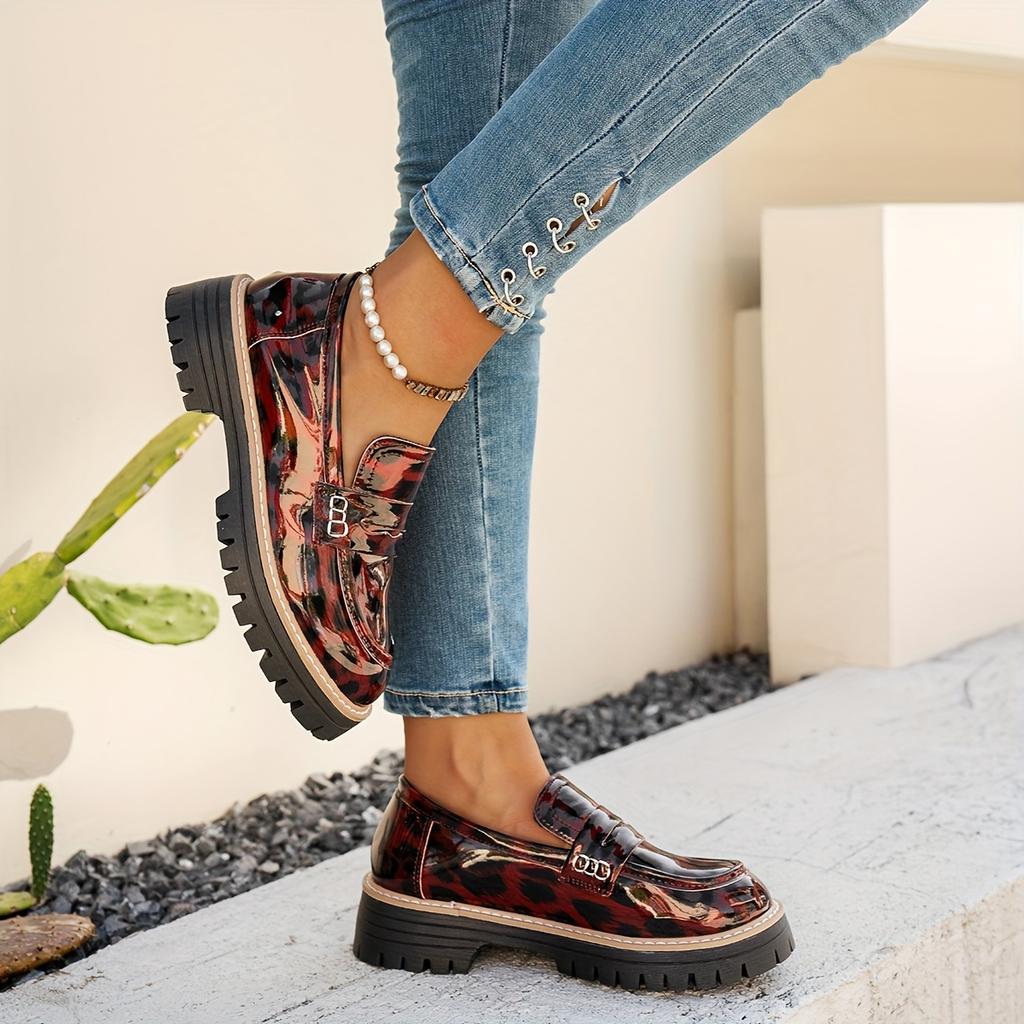 Women'S Retro British Style Loafers - Black & White Leopard Print, Chunky Sole, Slip-On Flats for All Seasons, Versatile Casual to Night Out Shoes