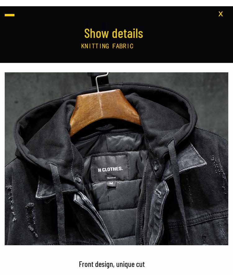 Men's Thickened Hooded Denim Jacket: Japanese Trendy Brand, Autumn/Winter Warm Cotton, Removable Hood