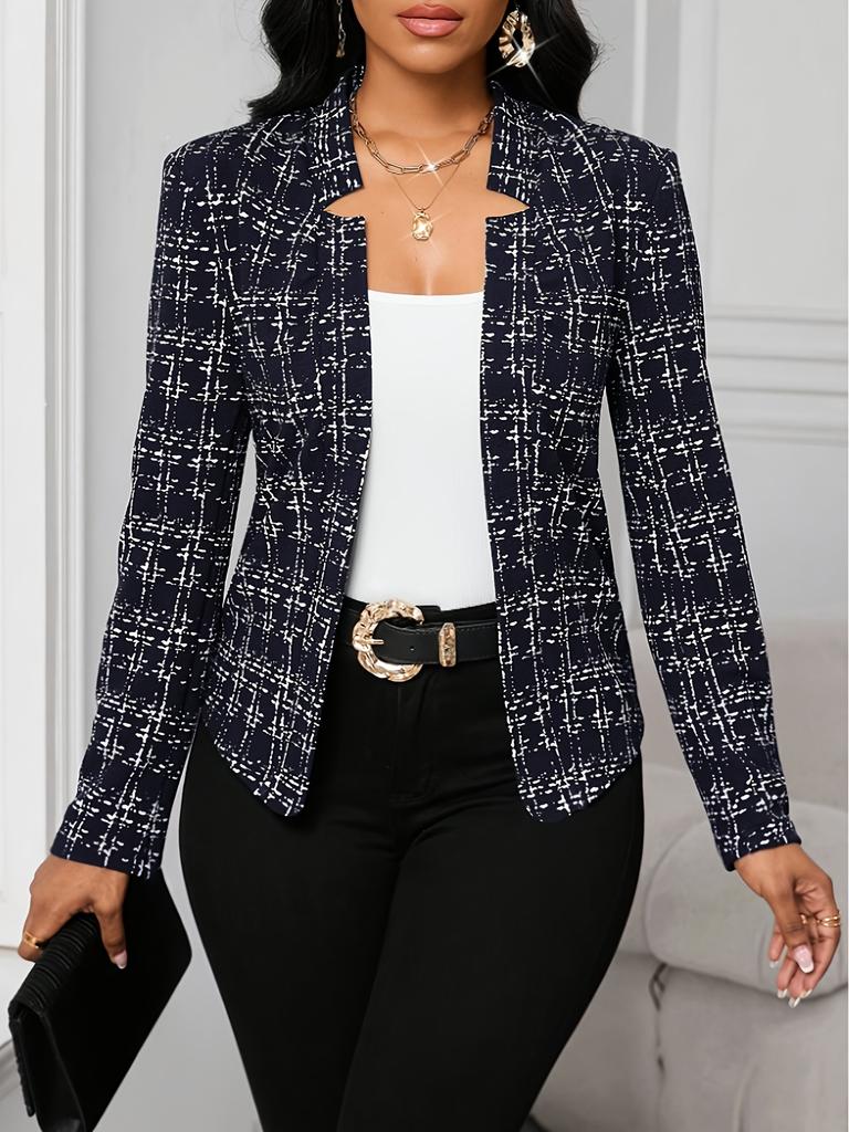 Women's Lightweight Plaid Long Sleeve Jacket - Stylish Open Front Outerwear for Spring & Fall, Black & White Houndstooth Pattern,