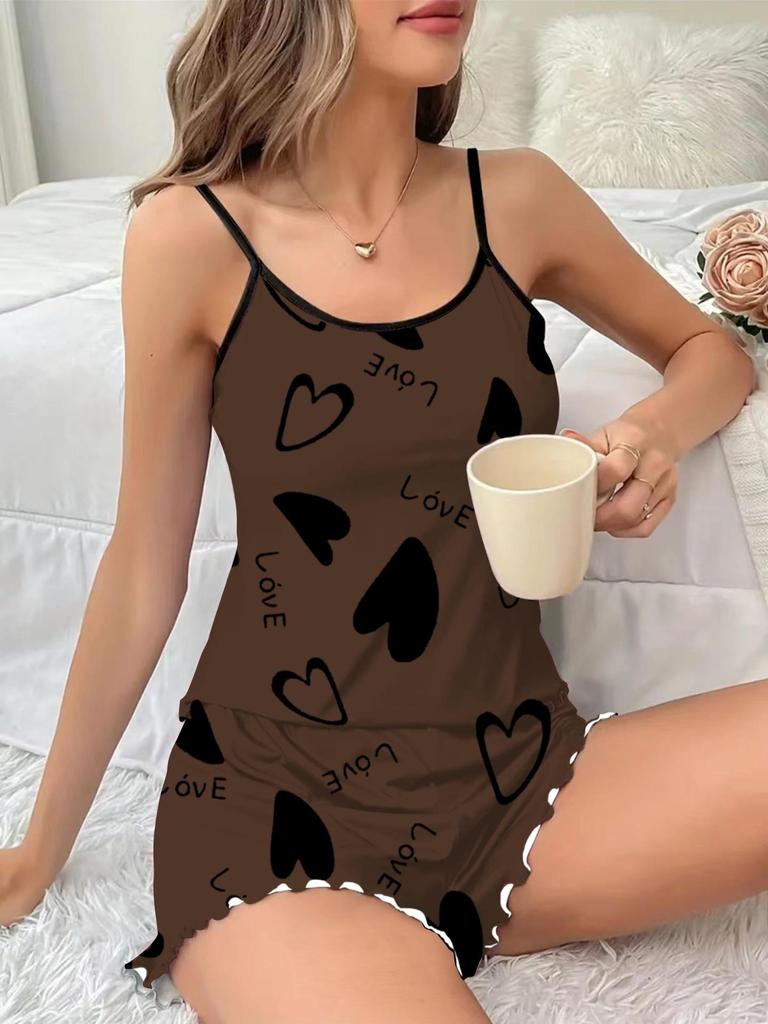 European Summer Strappy Heart Print Short Skirt Nightgown Dress